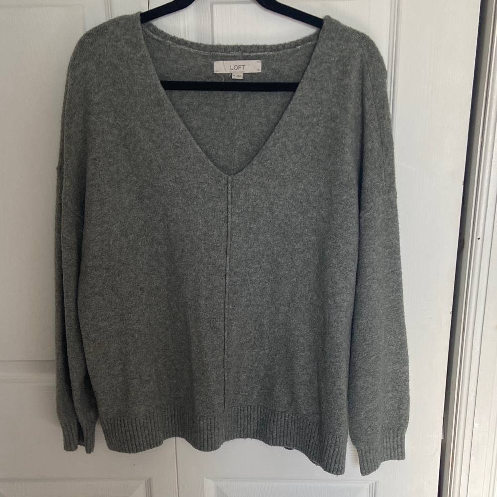 LOFT grey/sage green V-Neck Sweater for Wome